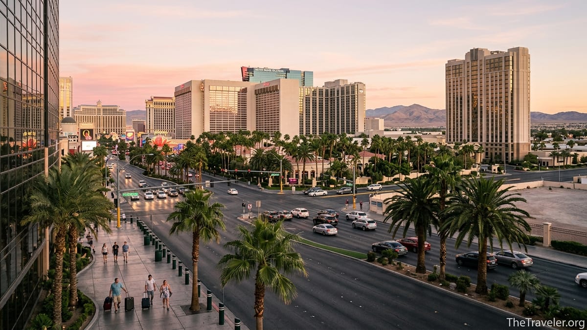 Sunset view of the Las Vegas Strip showing center Strip towers and quieter north Strip skyline.