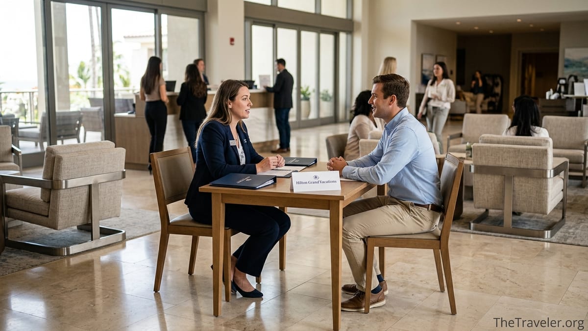 Recruiter interviewing a candidate in a bright Hilton Grand Vacations resort lobby.