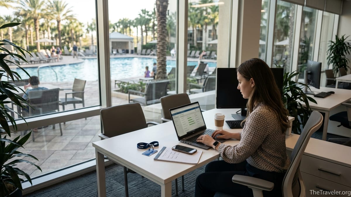 Job seeker checking Hilton Grand Vacations application status on a laptop overlooking a resort pool.