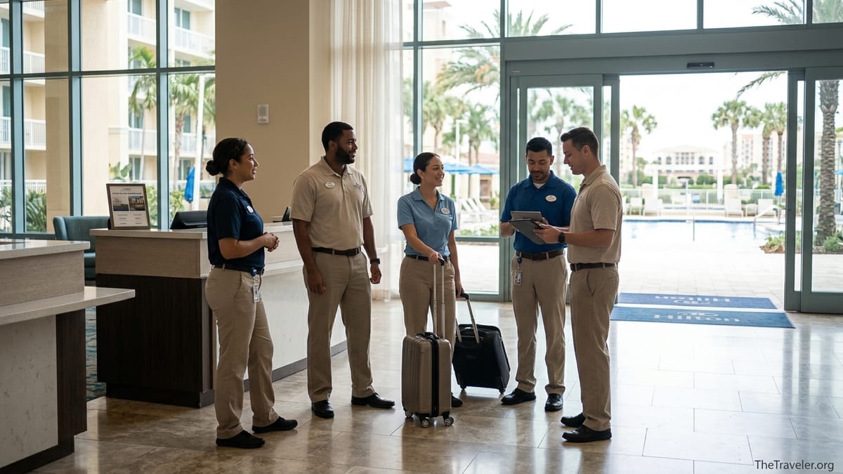 Hilton Grand Vacations employees talking in a bright resort lobby with pool view.