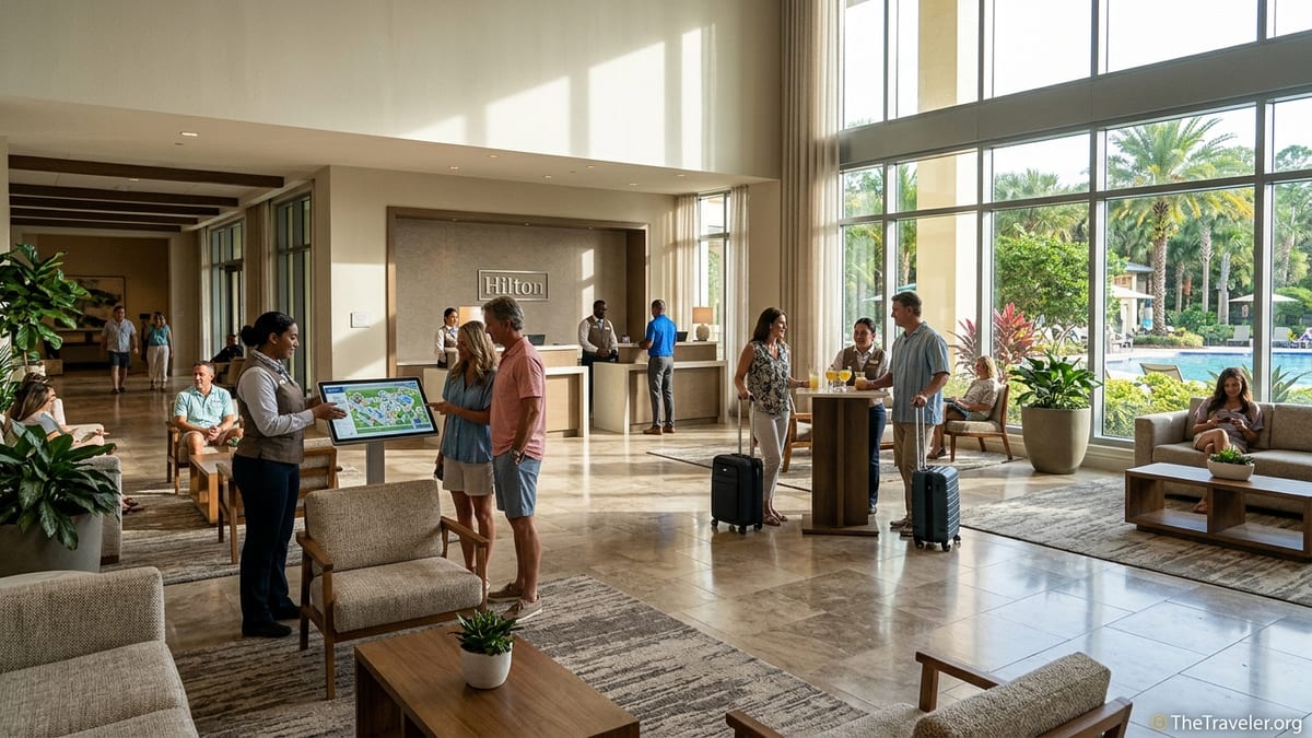 Hilton vacation ownership resort lobby with staff assisting guests near large windows and pool view.