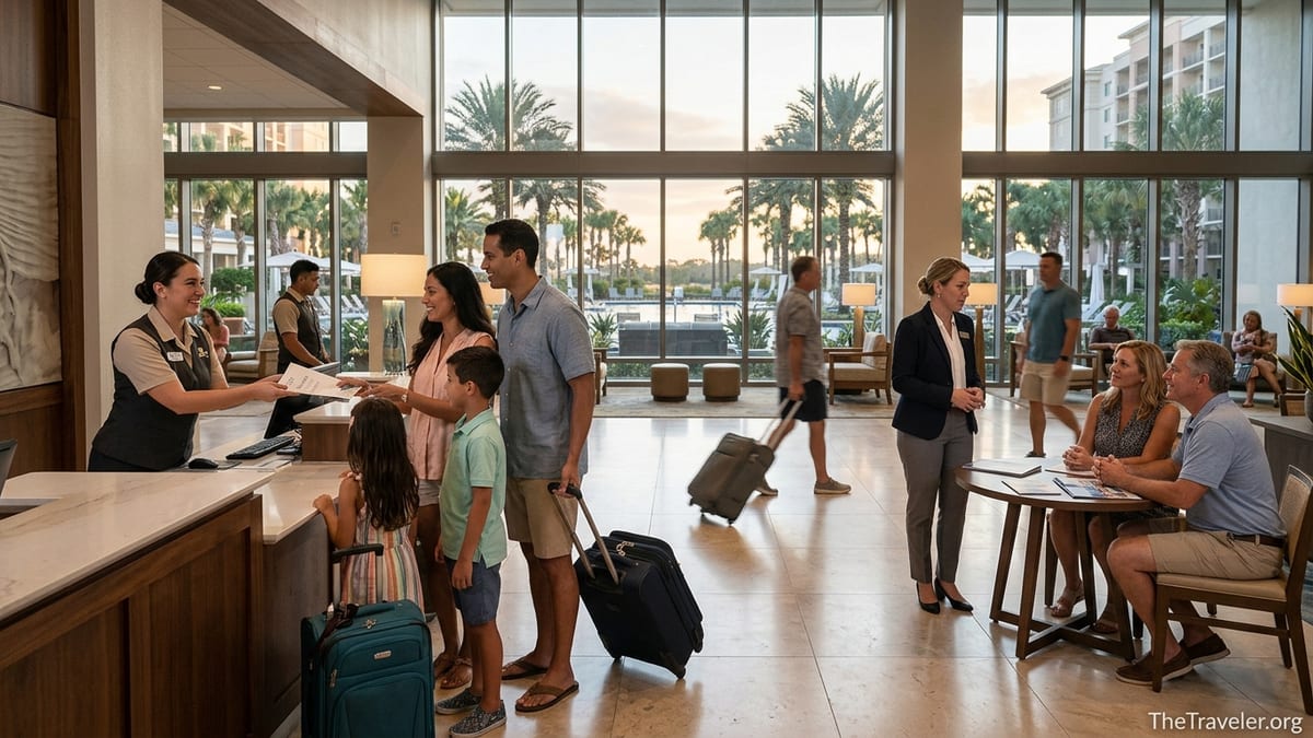 Hilton Grand Vacations staff assisting guests in a bright resort lobby