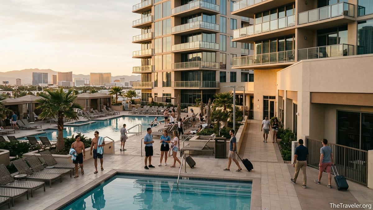 Hilton-style vacation ownership resort near the Las Vegas Strip at sunset with staff and guests by the pool