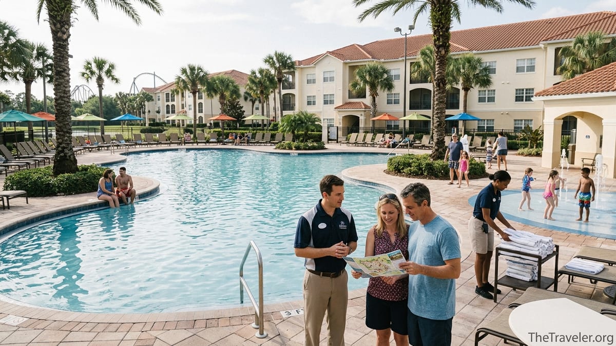Hilton Grand Vacations resort pool in Orlando with staff assisting guests near palm-lined villas.