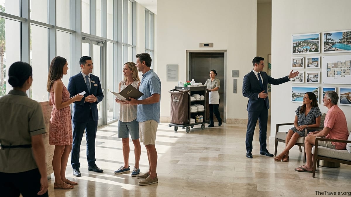 Staff and guests interacting in a bright Hilton-style vacation resort lobby
