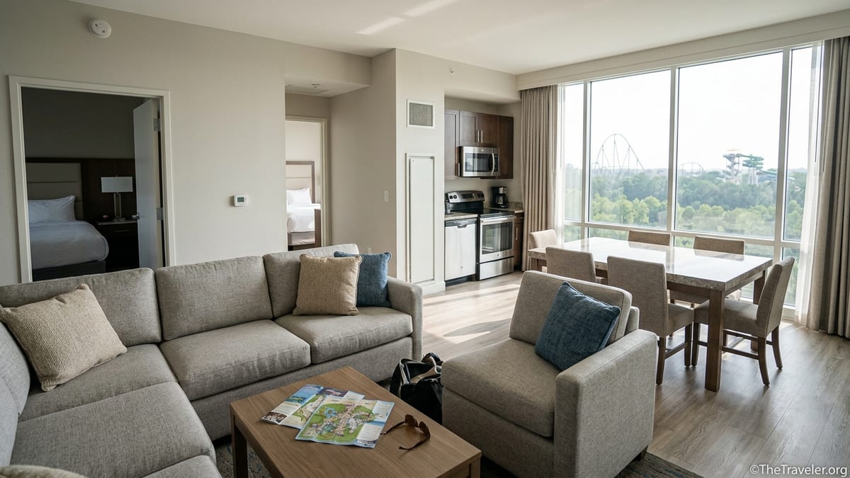 Spacious Hilton-style vacation suite living area with separate bedroom near a theme park.