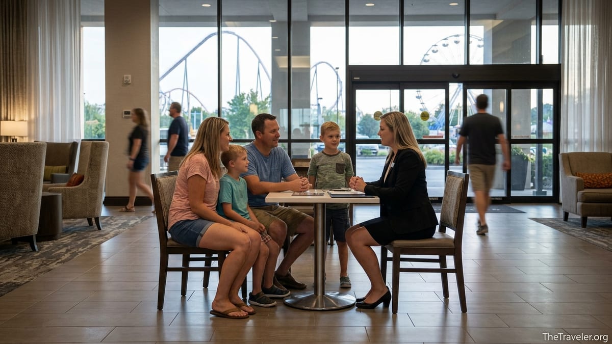 Family speaking with a Hilton sales rep in a hotel lobby near an amusement park skyline.