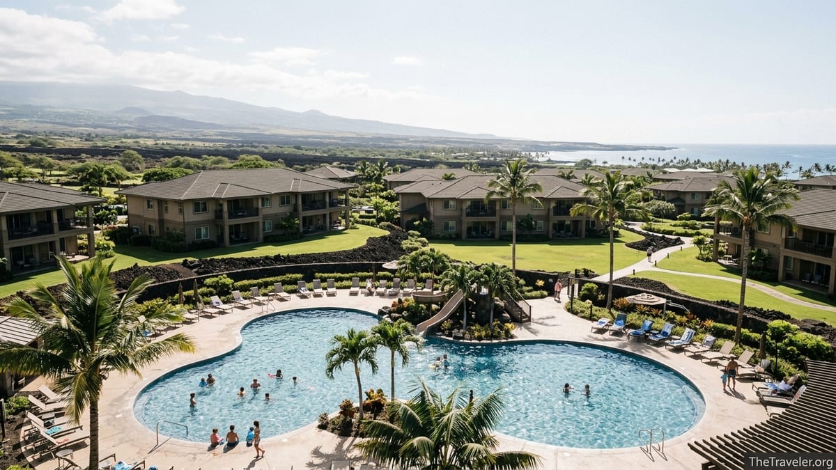 Pool and condo buildings at Hilton Grand Vacations Kings Land with inland lava landscape and distant ocean view.