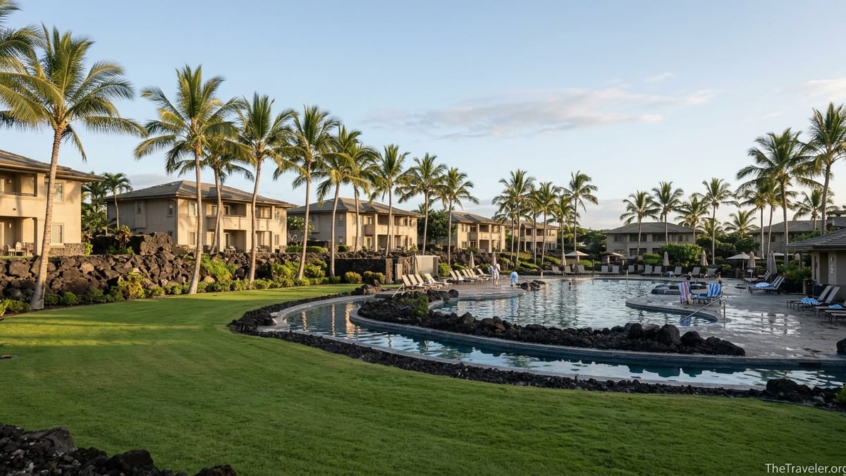 Pool and palm trees at Hilton Grand Vacations Kings’ Land resort on Hawaii’s Big Island at sunrise.