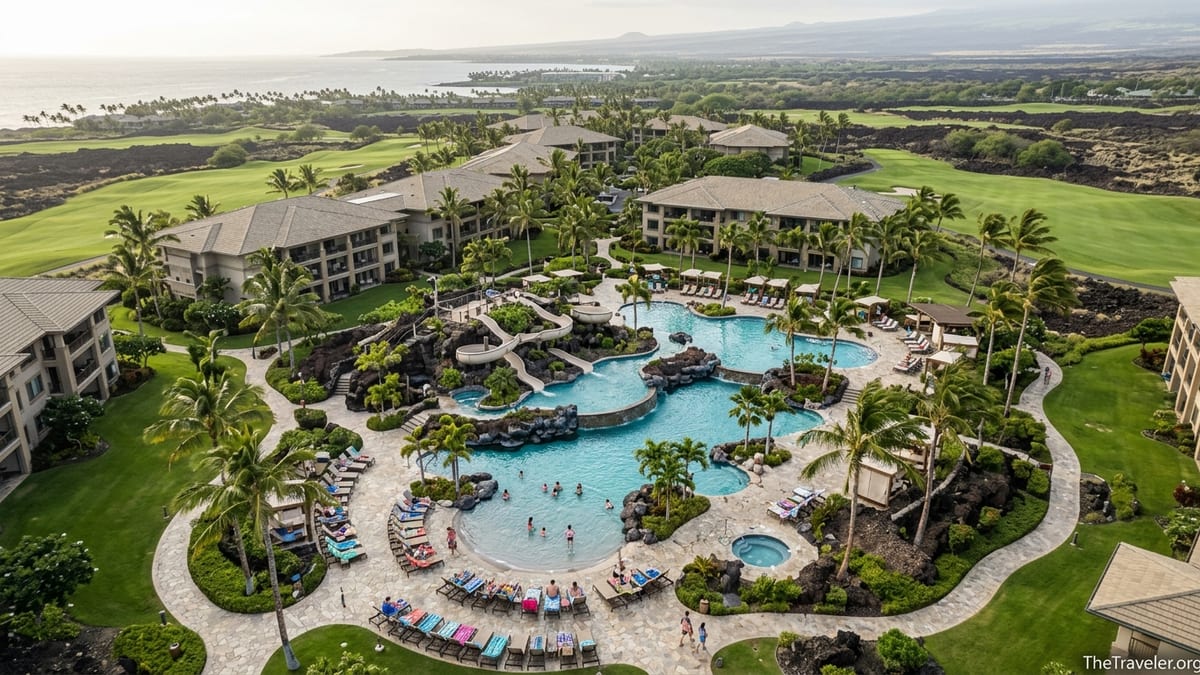 Aerial view of Hilton Grand Vacations Kings’ Land resort pools and grounds in Waikoloa, Hawaii.