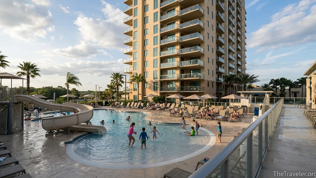 Family-friendly pool and tower exterior at Hilton Grand Vacations Club Las Palmeras Orlando at sunset.