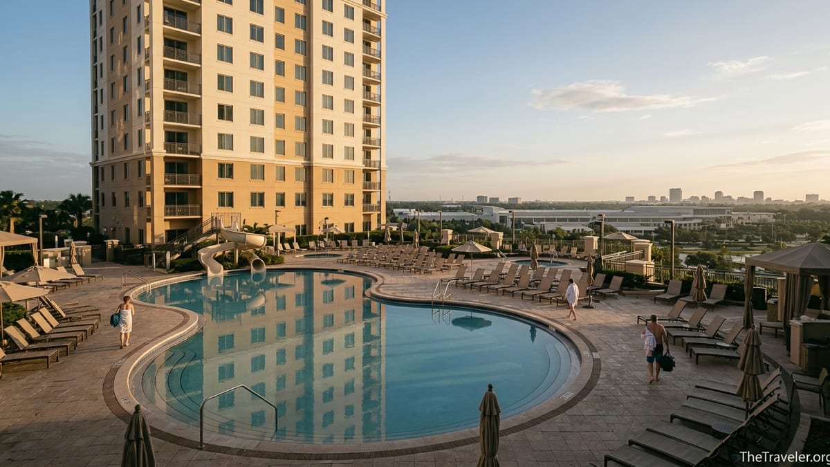 Sunrise view of the pool and tower at Hilton Grand Vacations Club Las Palmeras Orlando.