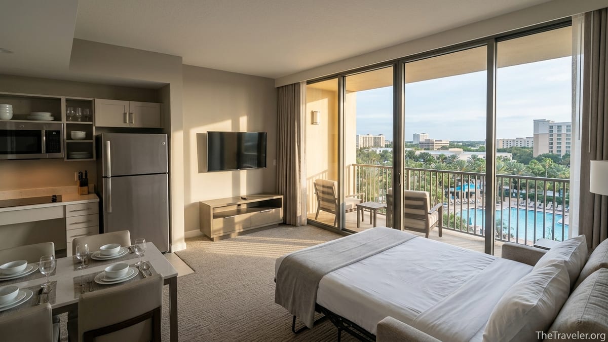Living room and kitchen of a Las Palmeras Orlando suite opening to a balcony with city views.