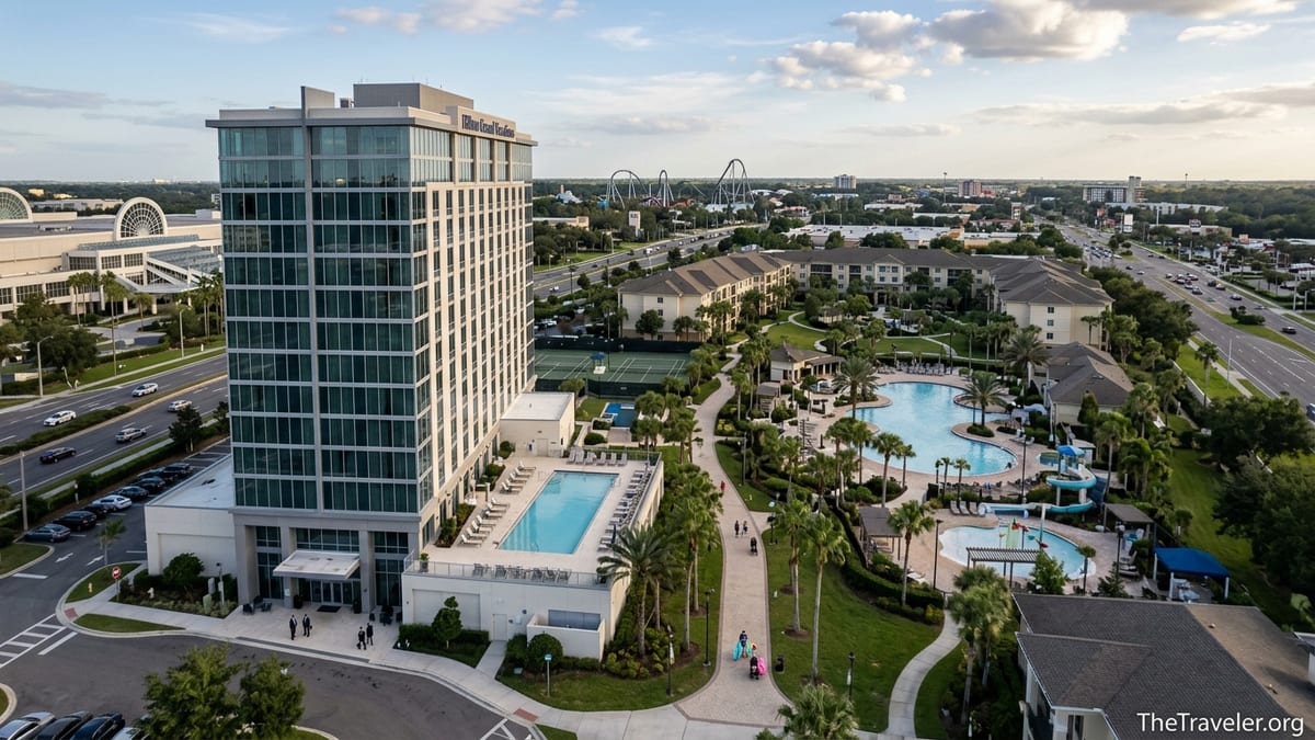 Aerial view of two Orlando Hilton resorts, one by the convention center and one a sprawling family pool resort.