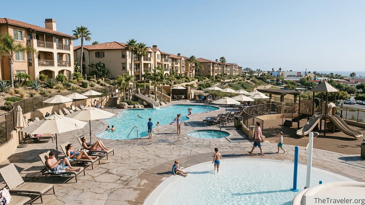 Families with children playing in pools and splash zone at Hilton MarBrisa Carlsbad on a sunny afternoon.