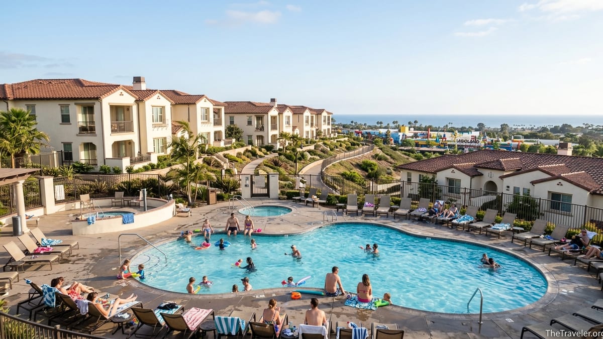 Family friendly pool and villas at Hilton Grand Vacations Club MarBrisa overlooking Carlsbad.