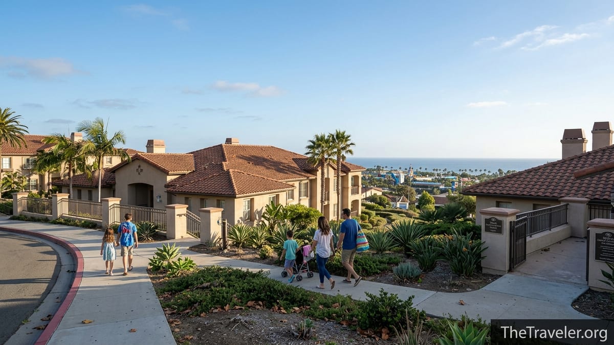 Hilltop family resort near LEGOLAND in Carlsbad with distant ocean view at sunset