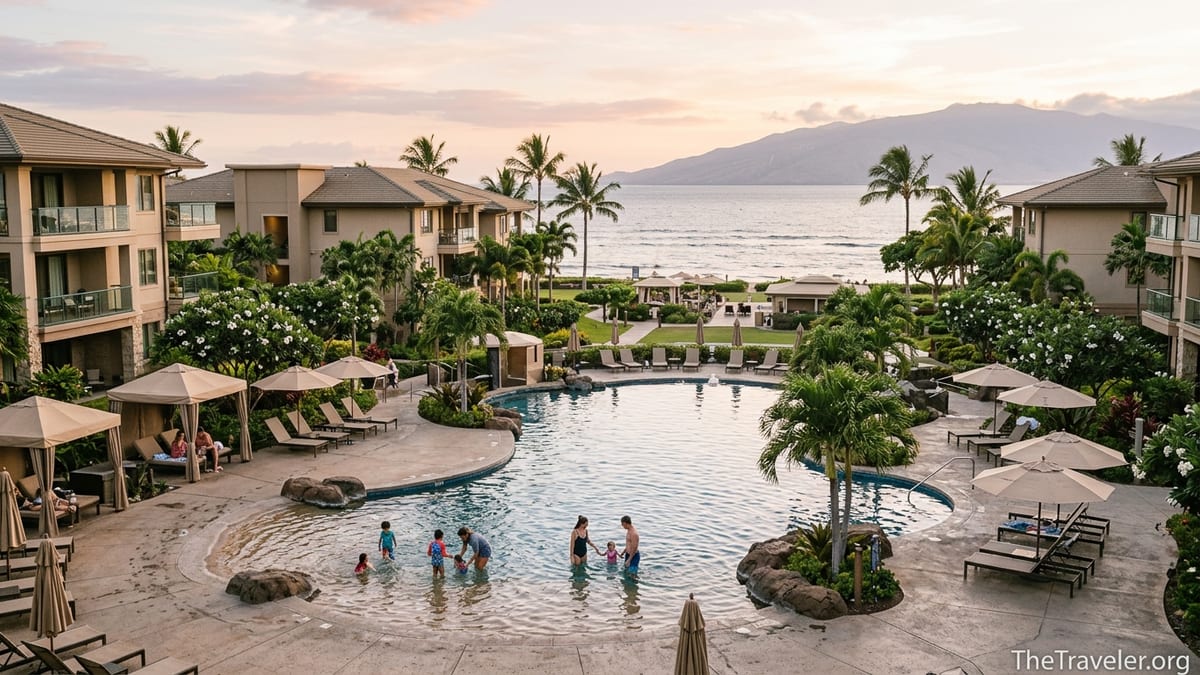 Families relaxing around the main pool at Hilton Grand Vacations Club Maui Bay Villas in Kihei at sunset.