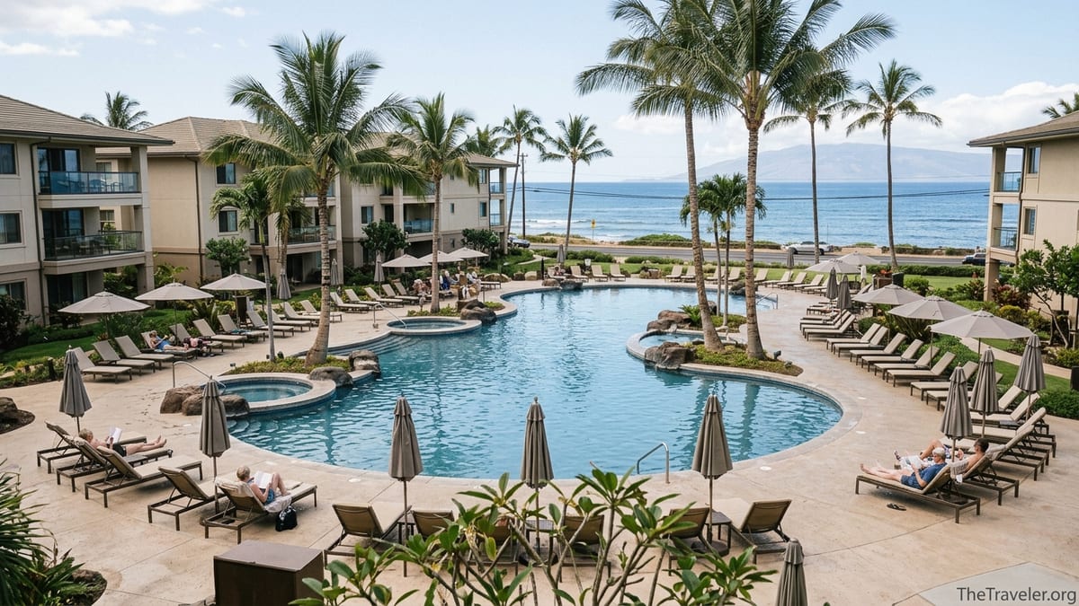 Aerial view of Maui Bay Villas pool and villas in Kihei with ocean in the background.