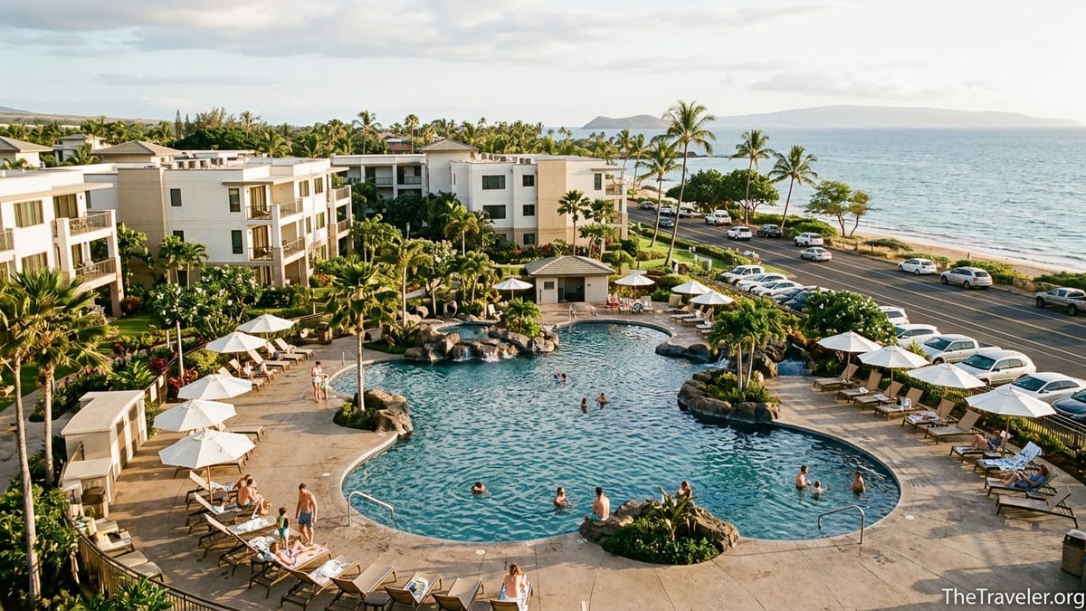 Pool and villa buildings at Hilton Grand Vacations Club Maui Bay Villas with ocean view at sunset.