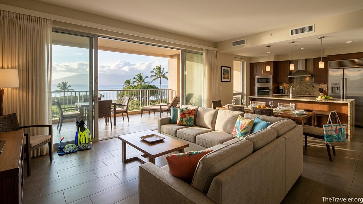 Spacious Maui Bay villa living room with kitchen and lanai overlooking palm trees and Maalaea Bay.