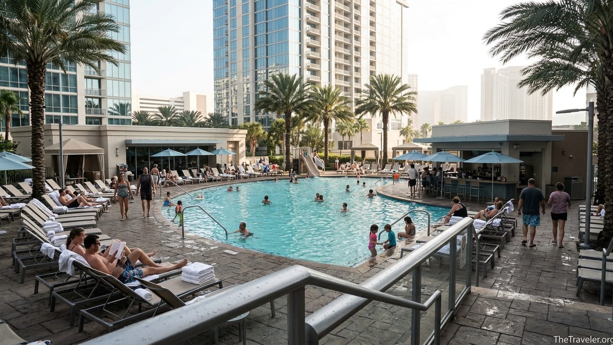 Hilton Grand Vacations resort pool deck with guests relaxing and modern towers in the background.