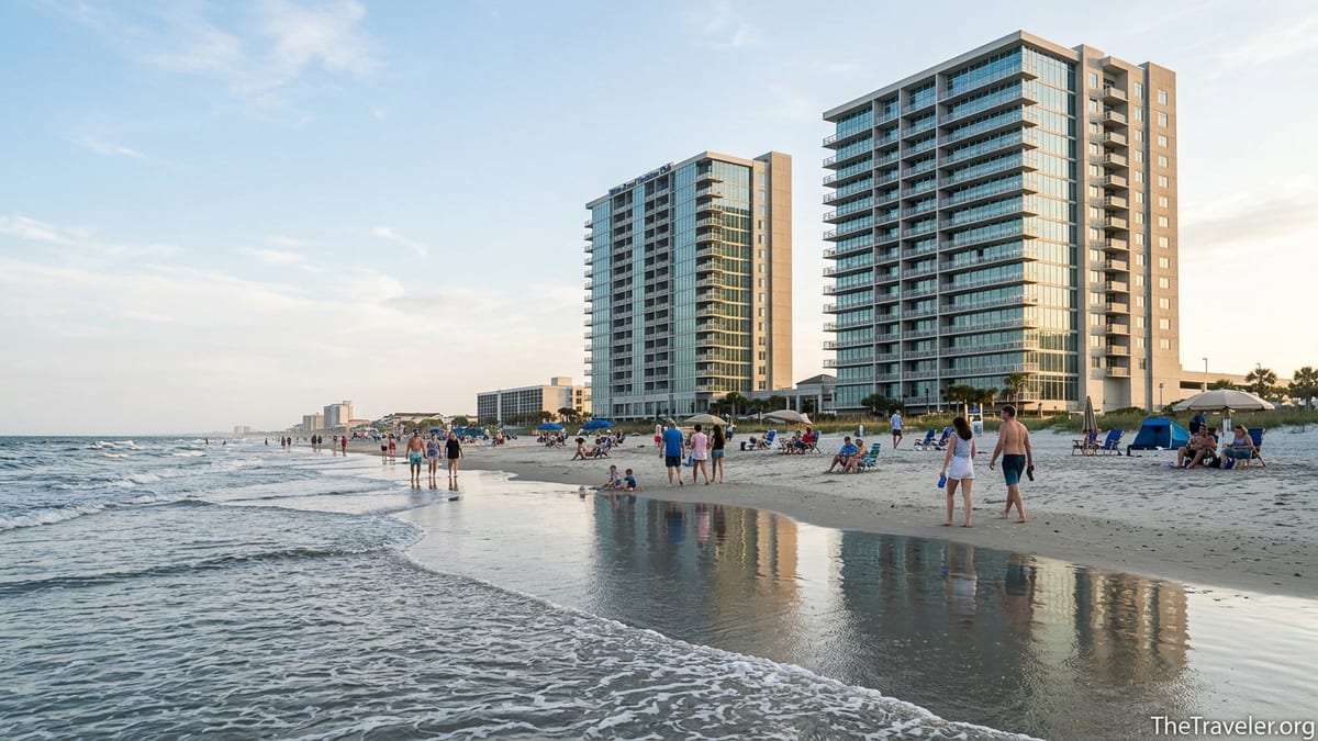 Oceanfront view of Hilton Grand Vacations Club Ocean Enclave Myrtle Beach from the shoreline at sunset.