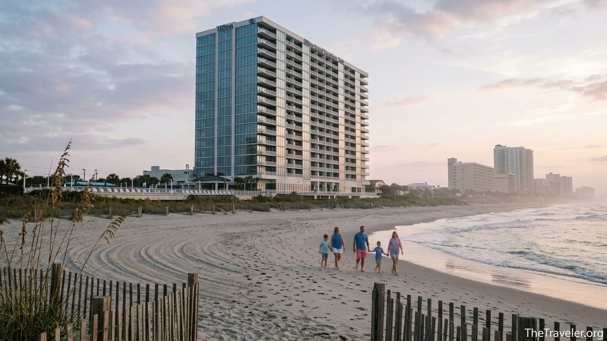 Ocean Enclave Myrtle Beach tower rising behind sandy beach at sunrise with waves and dunes.