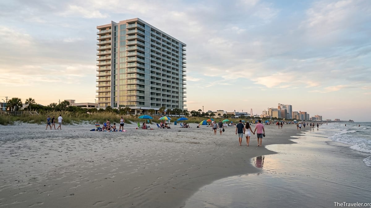 Oceanfront view of Hilton Grand Vacations Club Ocean Enclave Myrtle Beach with guests walking along the sandy shoreline at夕