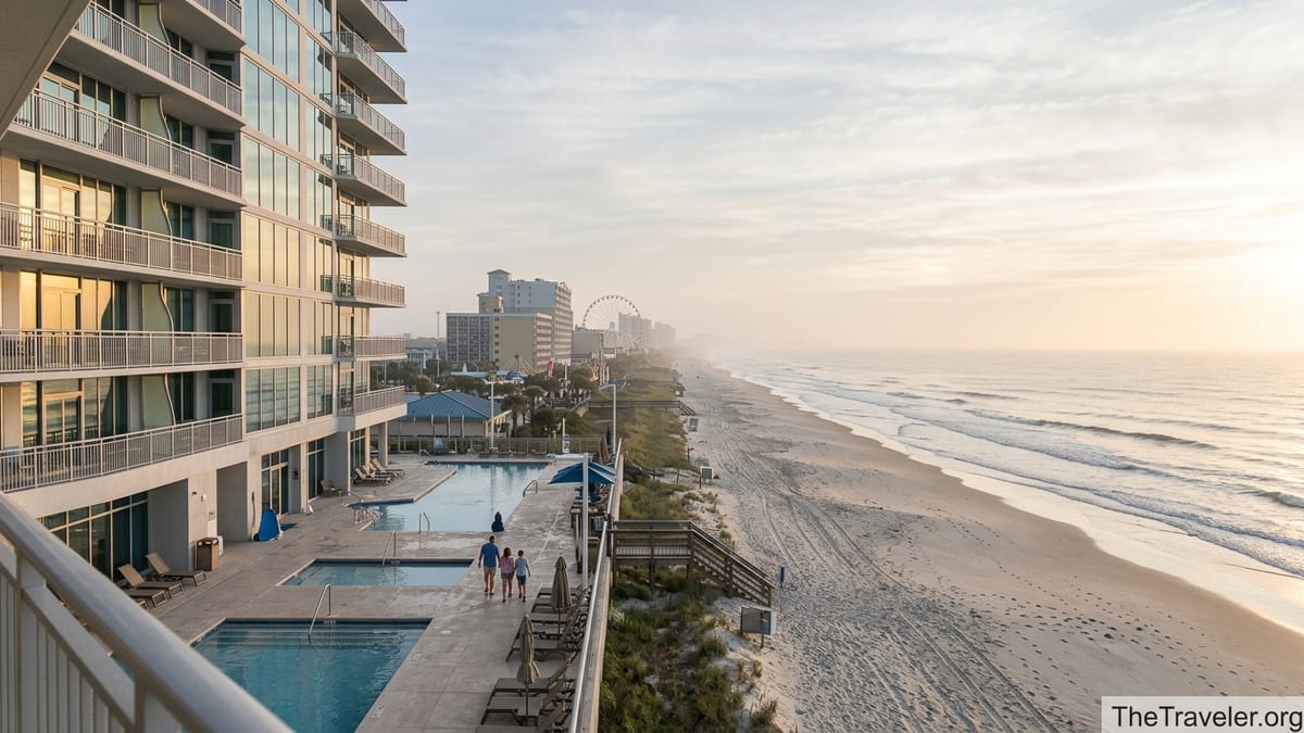 Oceanfront view of Hilton Grand Vacations Ocean Enclave Myrtle Beach with pool deck and beach at sunrise.