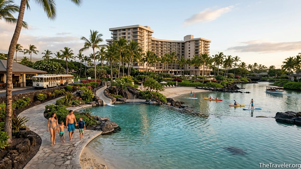 Families walking by pool and lagoon at Hilton Waikoloa Village Ocean Tower at sunset
