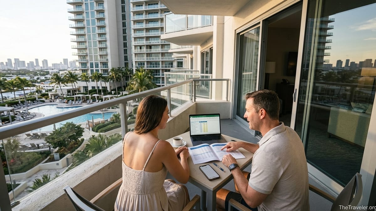Couple on a Hilton Grand Vacations balcony reviewing points with a resort and pool below.