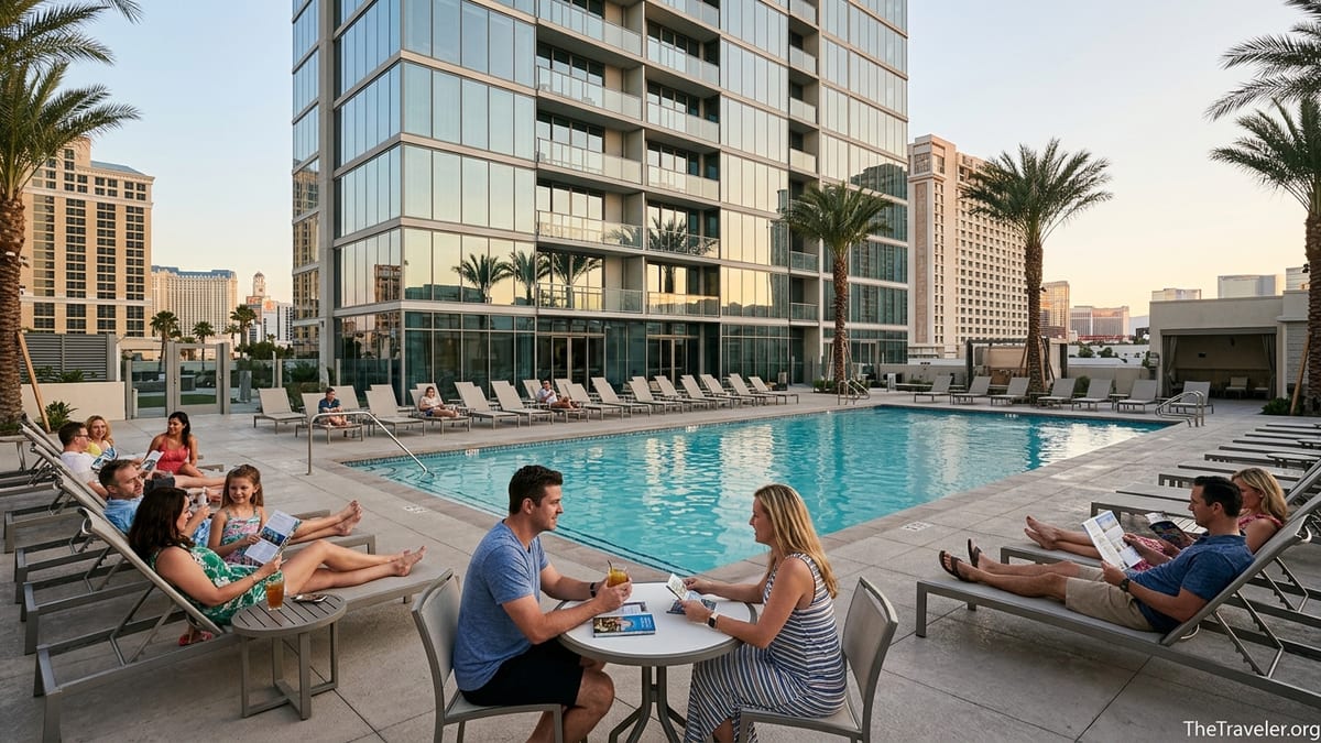 Hilton-style resort pool deck at sunset with guests relaxing near a modern glass timeshare tower.