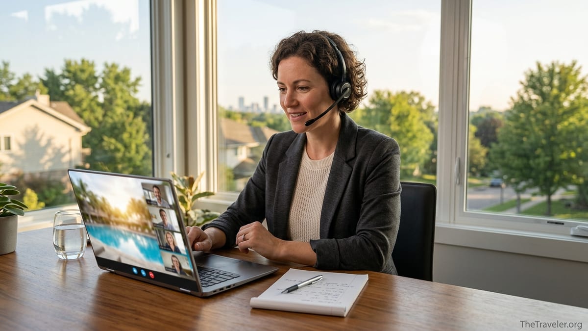 Remote Hilton Grand Vacations sales professional working from home office on a video call.