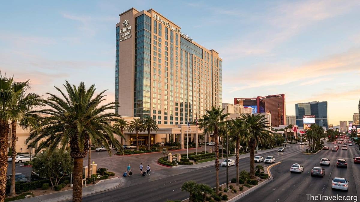 Hilton Grand Vacations Club tower on the Las Vegas Strip at sunset with palm trees and traffic.