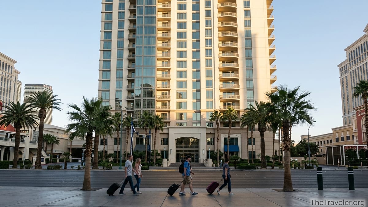 Hilton Grand Vacations Club tower on the Las Vegas Strip with travelers walking past in late afternoon light.