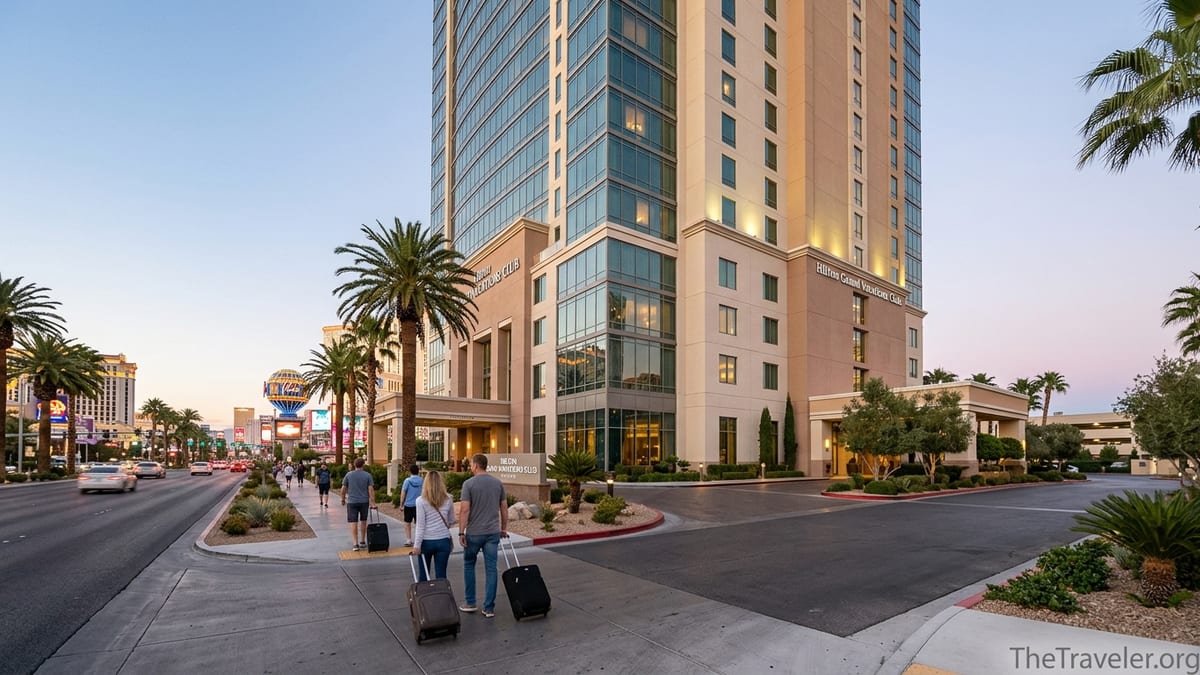 Exterior of Hilton Grand Vacations on the Las Vegas Strip at dusk with palm-lined entrance.