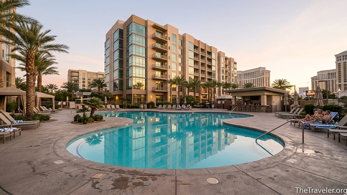 Resort-style pool and tower at Hilton Grand Vacations Club on the Las Vegas Strip at sunset.