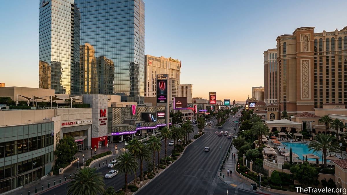 Aerial view of Hilton Grand Vacations resorts near the Las Vegas Strip at sunset.