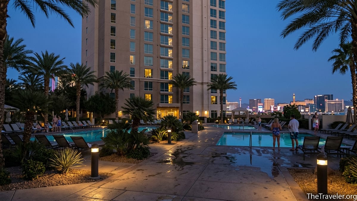 Evening pool and tower view at Hilton Grand Vacations on the north Las Vegas Strip.
