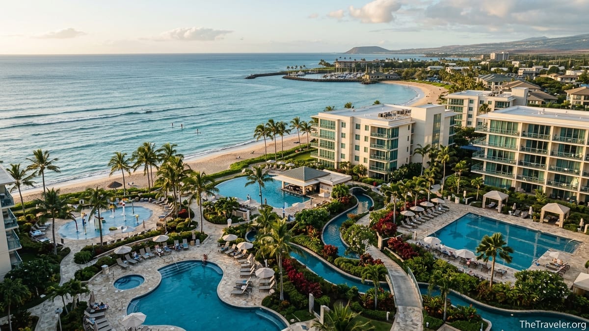 Aerial view of an oceanfront Hilton-style vacation resort with pools and beach.
