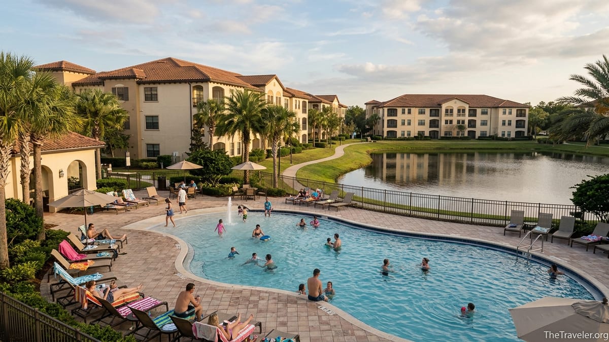 Families relaxing by the lakeside pool at Hilton Grand Vacations Tuscany Village Orlando.
