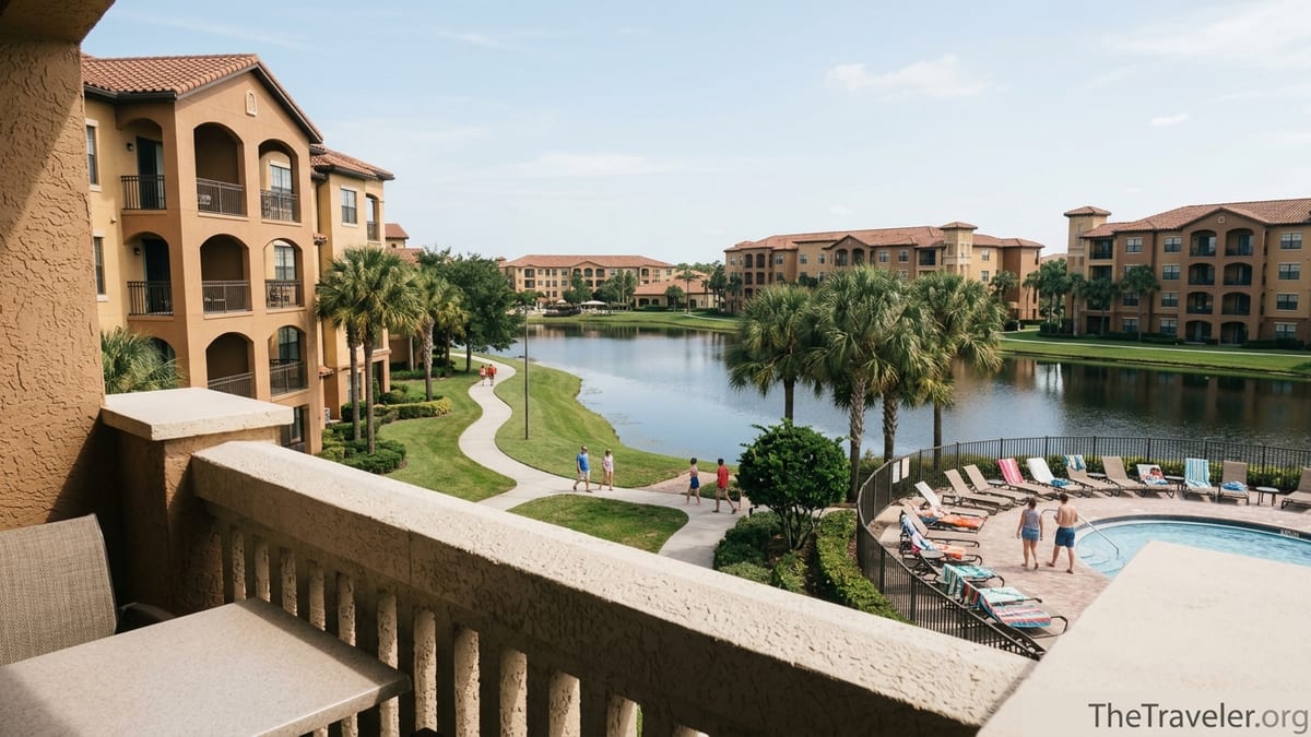 Lakefront view of Hilton Grand Vacations Tuscany Village Orlando with pool and Tuscan-style buildings.