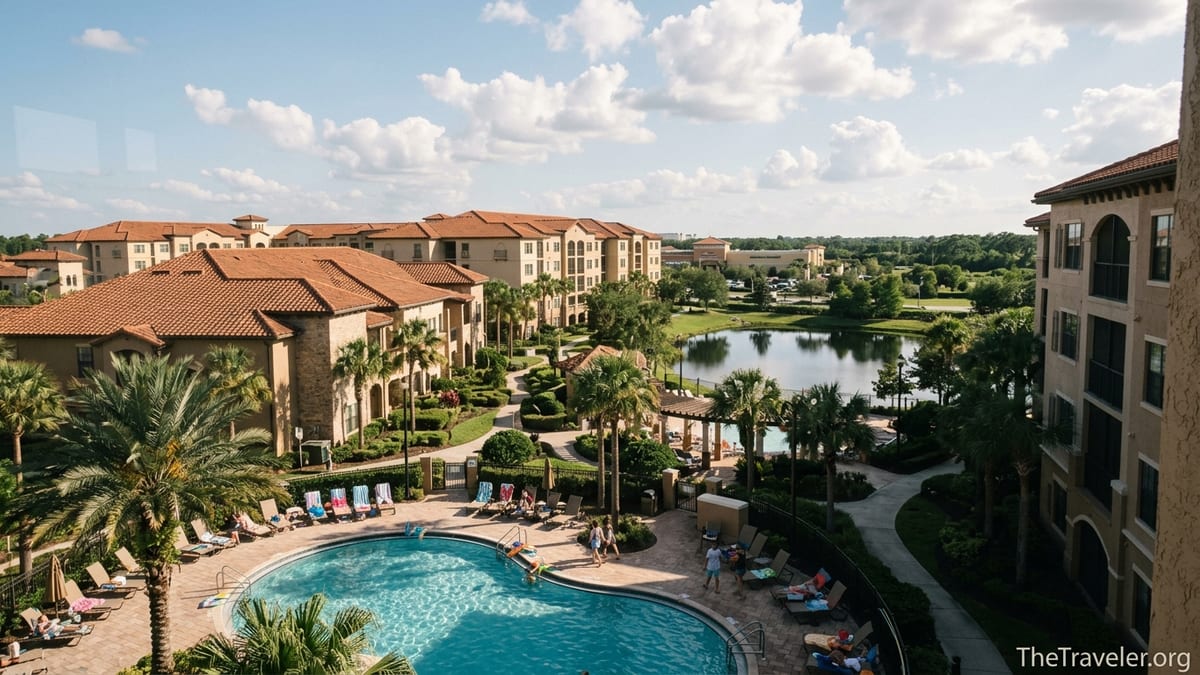 View over pools, lake and Tuscan-style buildings at Hilton Grand Vacations Tuscany Village Orlando.