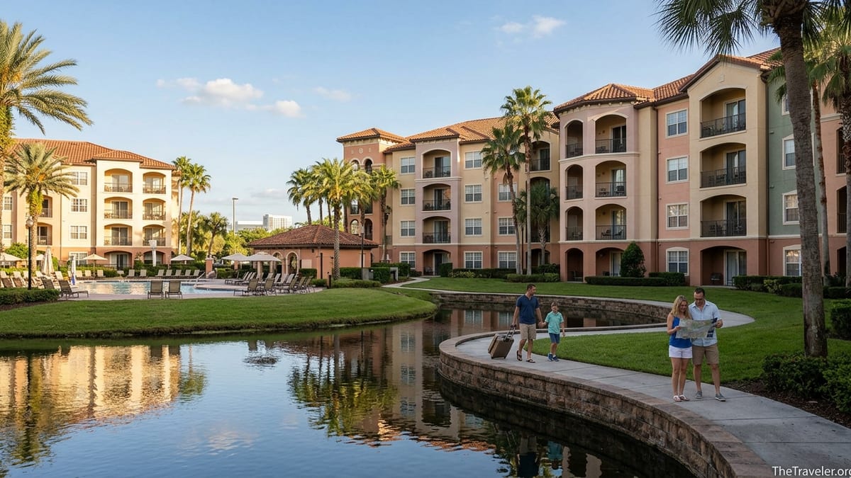 Sunlit lagoon and Tuscan-style buildings at Hilton Grand Vacations Tuscany Village Orlando.