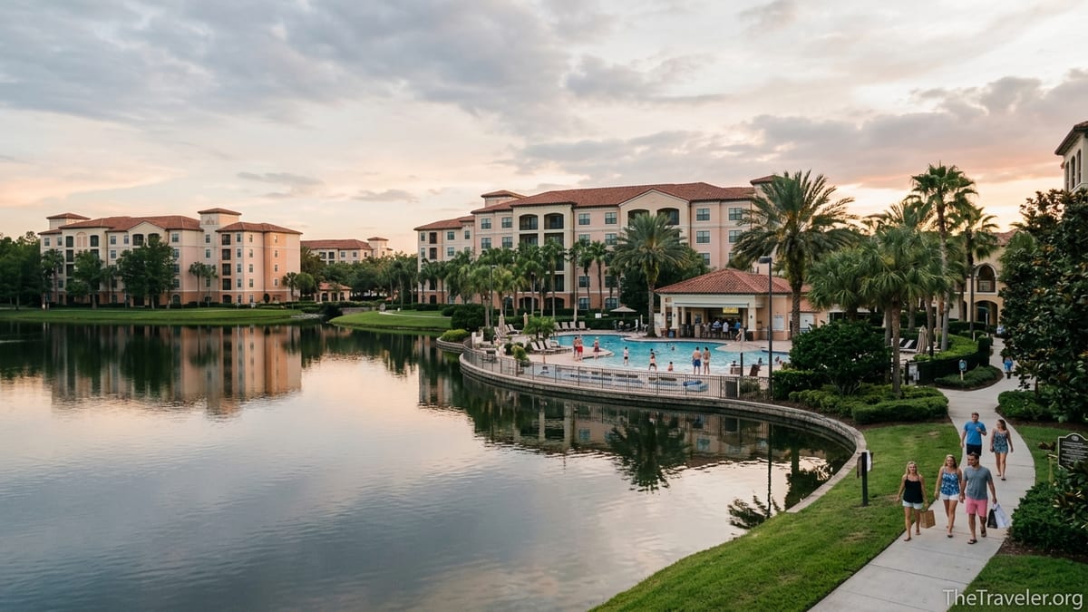 Lakeside view of Hilton Grand Vacations Tuscany Village Orlando at sunset with pool, palm trees and families relaxing.