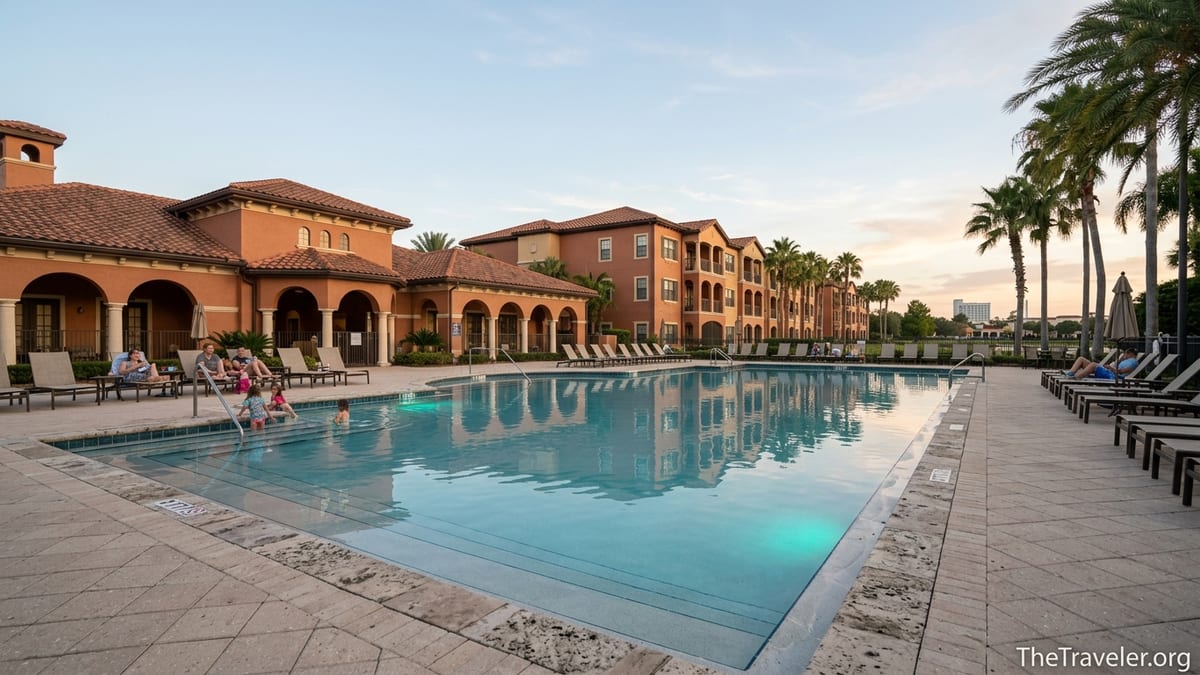 Lakefront pool and Tuscan-style buildings at Hilton Grand Vacations Tuscany Village Orlando at dusk.