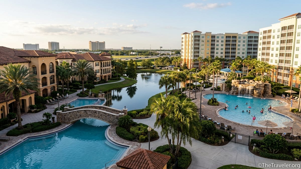 A Tuscan-style Orlando resort pool beside a larger family resort near SeaWorld at sunset.