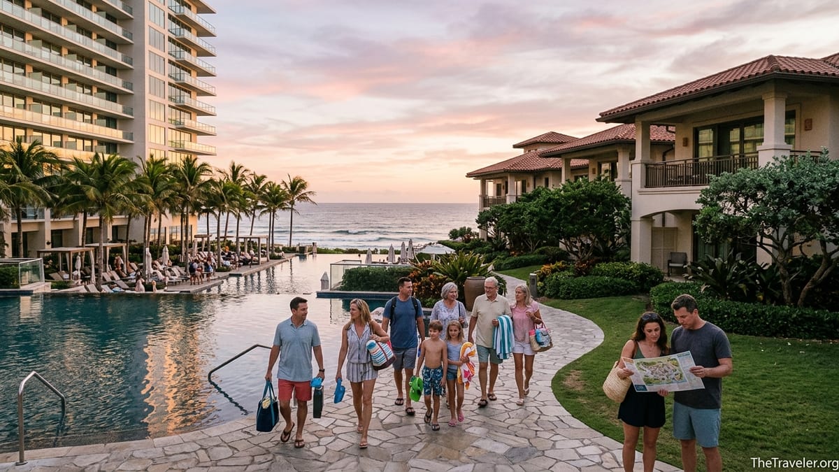 Beachfront resort at sunset showing modern tower and villa-style buildings with travelers walking between them.