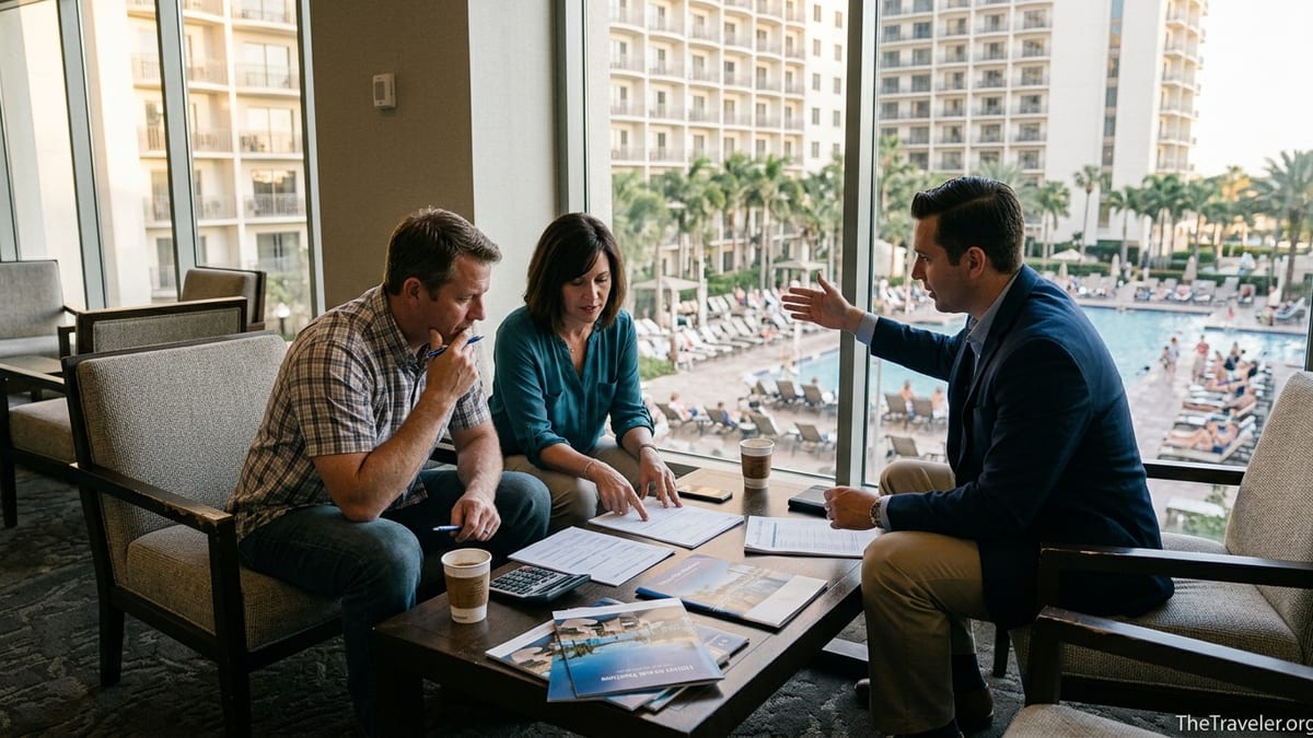 Couple reviewing Hilton Grand Vacations paperwork with a resort view in the background.